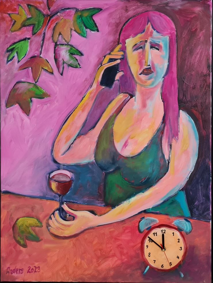 Kvinde med mobil (olie + ur 80 x 60).jpg