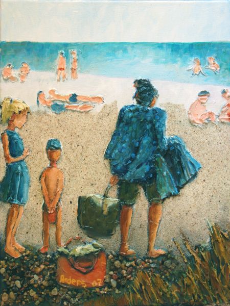 Med farmor på badestranden (spartel, akryl, olie, sand 40 x 30).jpg