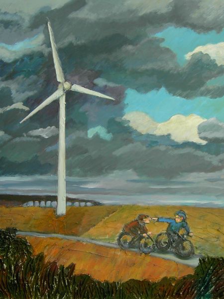 På cykel ved vindmøllen (spartel, akryl 80 x 60).jpg