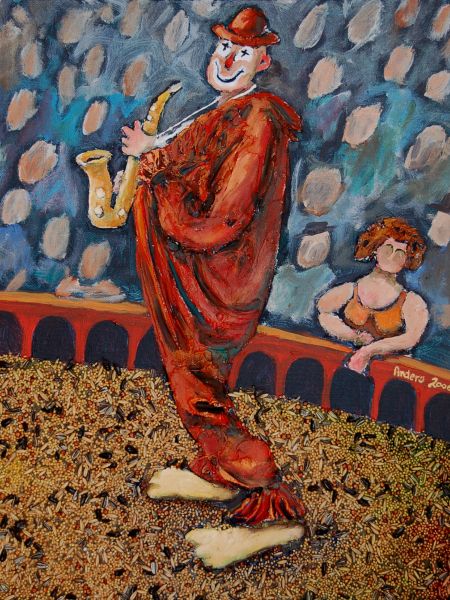 Klovn med saxofon (spartel, fuglefrø, olie 30 x 24) - Kopi.jpg