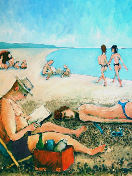 Mand og kvinde på stranden (spartel, akryl, olie, sand 60 x 50).jpg