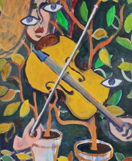 Kvinde, violin og blomster (olie på plade 60 x 40).jpg