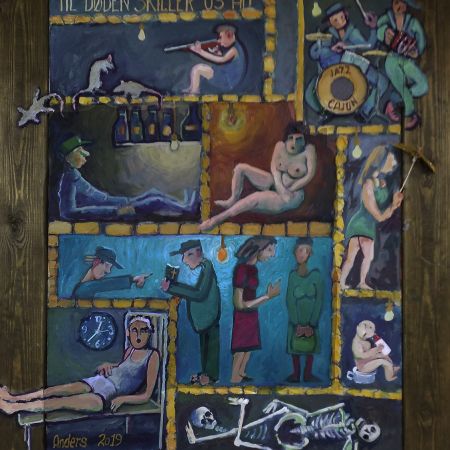 Til døden skiller os ad (spartel, akryl, olie, højtaler, ur m.v. 80 x 60 + ramme)