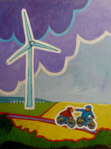 På cykel ved vindmøllen (spartel, akryl, olie 80 x 60).jpg