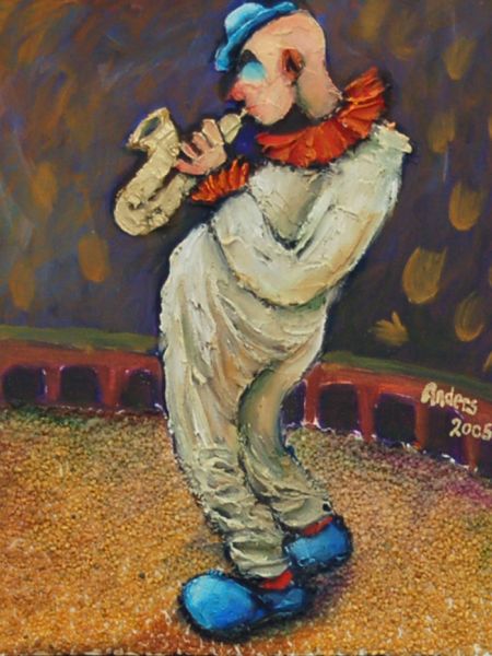 Klovn spiller saxofon (spartel, akryl, olie, fuglefrø 50 x 40) - Kopi.jpg