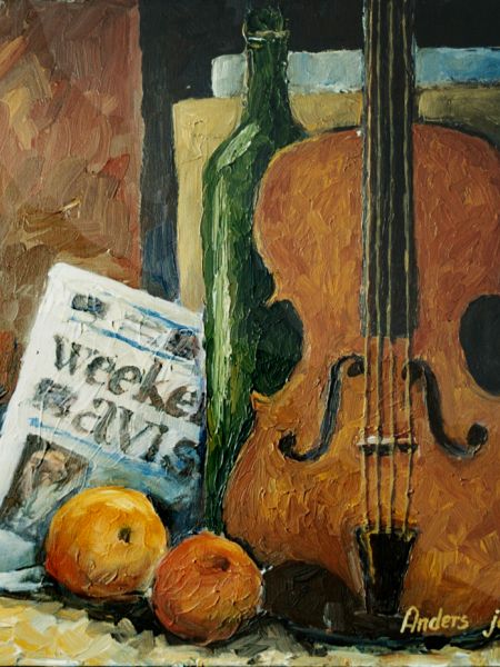 Opstilling med violin og Weekend Avisen (akryl 50 x 50).JPG