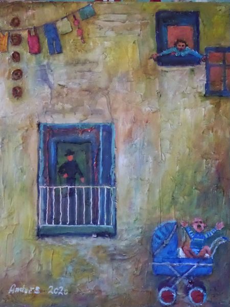 Barndommens gade.1 I barnevognen (spartel, akryl, olie 80 x 60).jpg