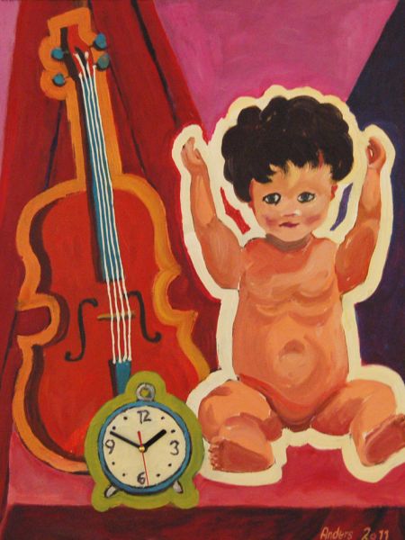 Opstilling med violin, dukke og ur (spartel, akryl, olie, ur 60 x 50).jpg