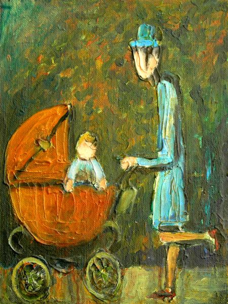 Mor, barn, barnevogn (spartel, akryl 40 x 30).jpg