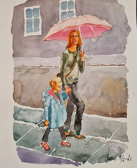 Mor og barn i regnvejr (akvarel 30 x 20).jpg