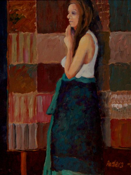 Kvinde foran tæppe (akryl, olie 50 x 40).jpg