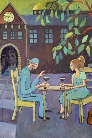 Et glas ved rådhuset (akryl, olie 100 x 100).jpg