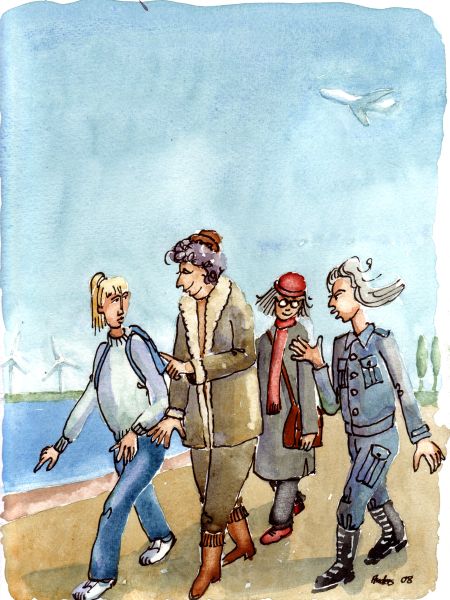 Kvinder spadserer på Amager Strand (akvarel 29 x 21).jpg