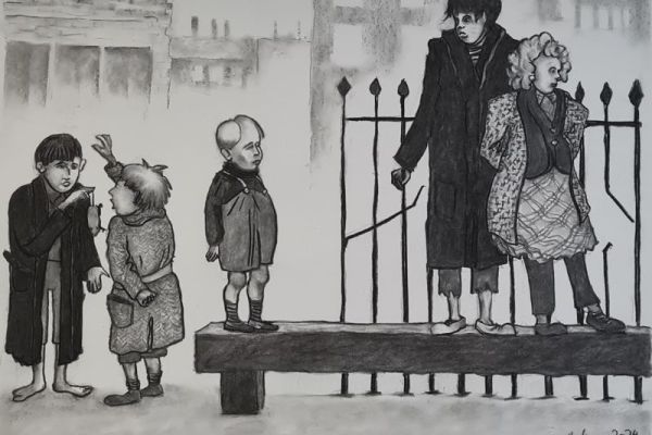 Gadebørn i Dublin slum 1940 (kul på papir 75 x100).jpg