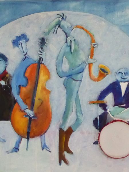 Mænd spiller musik (spartel, akryl, olie, højtaler 90 x 120).jpg